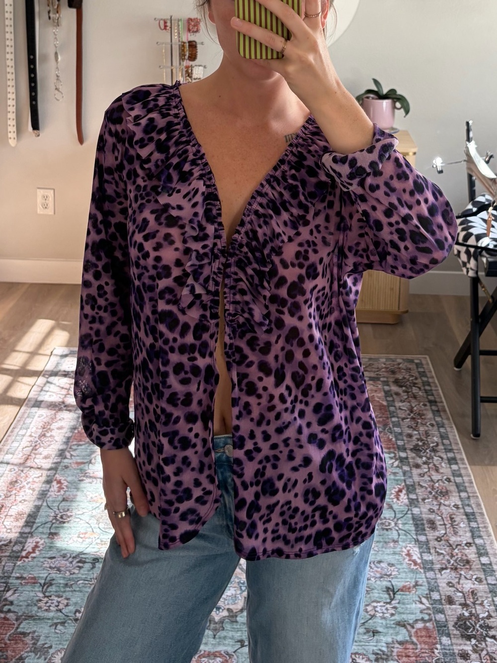 Susan Graver Y2K Purple Leopard Ruffle Blouse L